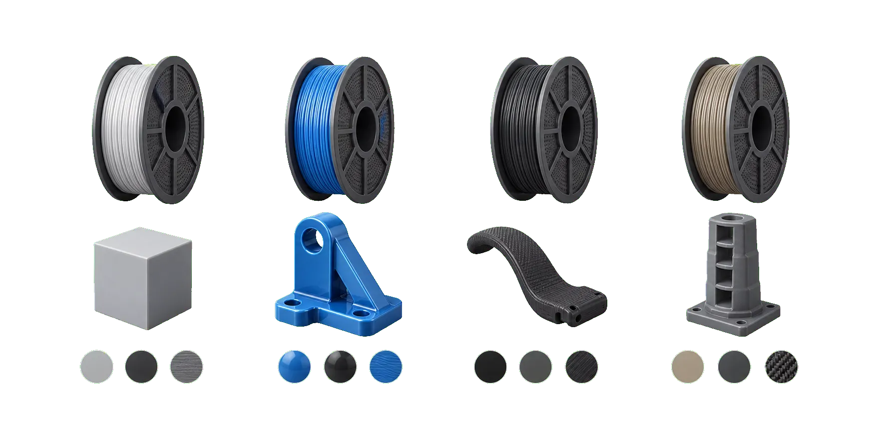Minimalistische 3D Druck Materialillustration mit Filamenten, Musterteilen und Materialproben